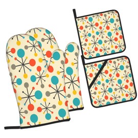 LONSANT Mid Century Fifties Modern Atomic Retro Colors Oven Mitts and Pot Holders Sets of 4 High Heat Resistant Oven Mitts with Oven Gloves and Hot Pads Polyester Potholders for Kitchen Cooking Mitts