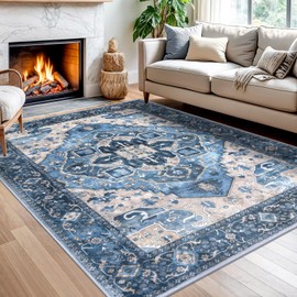 SIILOOM Blue 5x7 Area Rug for Bedroom, Large Vintage Floor Rug with Non-Slip, Non-Shedding Washable Area Rugs for Living Room, Soft Boho Carpet for Farmhouse Office Home Décor