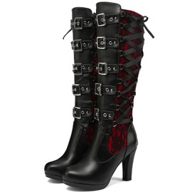 KysBloes Women Lace Goth Knee High Boots Buckle Block Heel Lace Up Knee Length Boots Punk Platform Tall Boot(Red,US size 9)