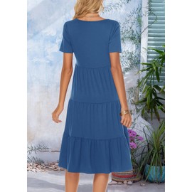 Berydress Women Summer Casual Tiered Midi Dresses V-Neck Cotton Ruffle Babydoll Boho Beach Dress with Sleeve (L,6175-Dark Blue)