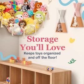 Stuffed Animal Storage Macrame Hammock w/String Lights, Large - Boho Room Decor Toy Storage - Corner Hanging Plushie Stuffed Animal Net Organizer (Light Pink)