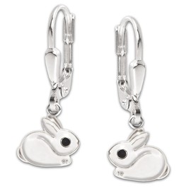 Clever Schmuck Silver Children's Earrings 23 mm Small Rabbit 7 mm Crouching Fur White and Eye Black Lacquered Shiny Sterling Silver 925 for Girls, Sterling Silver, No Gemstone