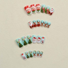 Christmas Press on Nails Medium Square Fake Nails Snowman Elk Tree with Santa Claus Present Design Xmas False Nails Artificial Glue on Nails Full Cover Stick on Nails for Women Manicure Art 24Pcs