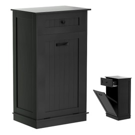 Visionwards Wooden Tilt Out Trash Cabinet Bin, Dog Proof Garbage Can Holder, Kitchen Island with Laundry Hamper, Black