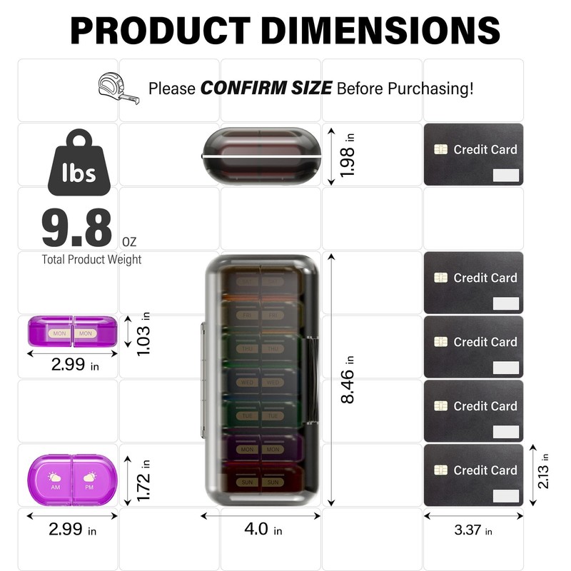 Codcaw Weekly Pill Organizer 2 Times a Day, Moisture-Proof, Detachable