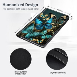 Server Book for Waitress/Waiter,Compact Stylish Durable Order Book with Pockets for Tips Bills,PU Leather Server Book with Pen Holder & Zipper for Restaurants Cafes Busy Waitstaff,Blue Gold Butterfly