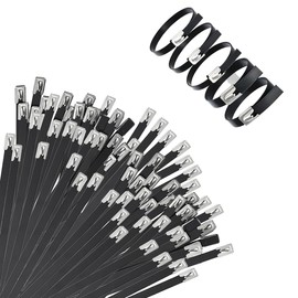 Aroono 304 Stainless Steel Cable Ties-12 inch, 400 PCS Heavy Duty Zip ties with 135 lbs Strength-Black Epoxy Resin Coating, UV-Resistant, Self-Locking Wire Ties for Indoor and Outdoor
