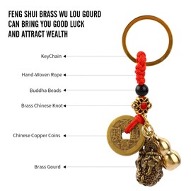 Pure Brass Hollow Gourd Car Keychain, Feng Shui Five Emperors Copper Money Key Chain Pendant, Zhaocai Town House Lucky Coins Amulet for Chinese New Year Decorations Gifts (blue_style)