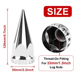 Cabtherlyn 33mm x 4 3/4" Chromed Spike Lug Nuts Covers Thread-On,ABS Chrome Plastic Caps Pointed Screw On Lug Nut Cover for Semi Trucks, Pack of 20 PCS