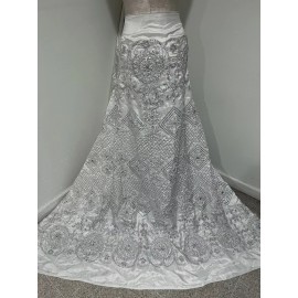 wowfabric4less123 White Silver Satin W/Embroidery Multi Sequins Lace fabric 50” Width Sold By Yard