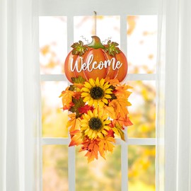 Glitzhome 22.5" H Fall Metal Pumpkin and Sunflower Swag Wall Decor - Handcrafted Autumn Harvest Hanging Wall Sign for Thanksgiving, Farmhouse Front Door Home Accent Decor
