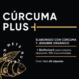 Curcuma Plus - Cúrcuma con pimienta negra, extracto de cúrcuma y jengibre orgánico - Turmeric Curcuminoide 95% máxima absorción - 60 cápsulas en frasco de vidrio eco friendly | Met 5 Nutrition