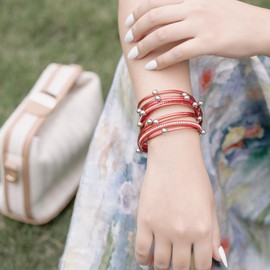 FANCY SHINY Leather Beaded Bracelet Boho Wrap Bracelet Gothic Jewelry Studded Bead Rhinestone Goth Bracelet for Women with Magnetic Clasp(Red)