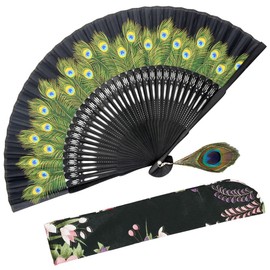 OMyTea Hand Held Folding Fan for Women Peacock Chinese Japanese Oriental Asian Style - for Wedding, Dancing, Church, Party, Gifts (Black)