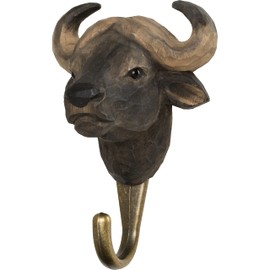WILDLIFEGARDEN Wildlife Garden WG4538 African Buffalo Hook, Hand-Carved Wooden and Metal Animal Hook, African Animals Collection