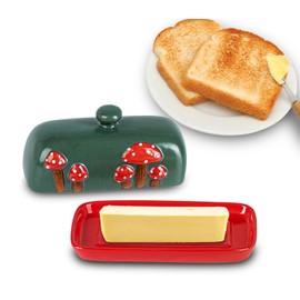Mushroom Ceramic Butter Dish With Lid for Countertop - Red Container Tray, Large Covered