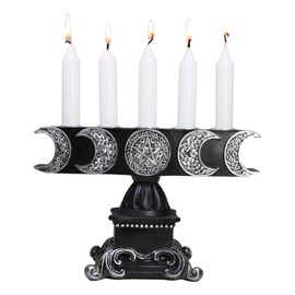 Ebros Gift Wicca Lunar Phases Triple Moon Pentagram Silver Insignia with Baroque Scroll Pedestal Base Penta 5 Taper Chime Candles Holder Wiccan Decorative Candleholder Figurine