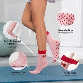 Toetally Cute Pilates Socks with Grips for Women Ruffle Cuff Embroidery Non Slip Yoga Socks for Workout, Barre, Pilates Gifts 1 Pair Strawberry