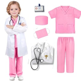 VNNOPG Kids Doctor Costume Doctors Nurse Outfit Set Child Role Play Costumes Fancy Dress Up Playsets with Lab Coat,Stethoscope,Mask and Scrubs Costume,Pink(130)