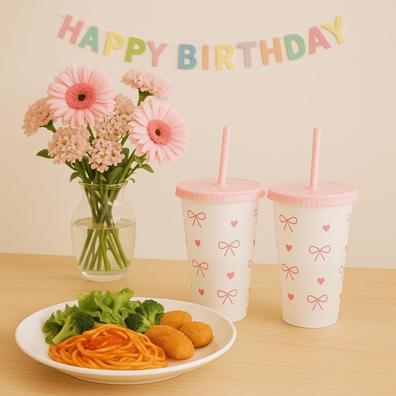 ARPOVIST 12Pcs 24 oz Pink Bow Plastic Cups with Straw