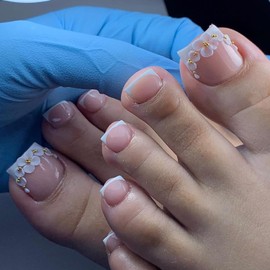 24Pcs White French Tip Press on Toenails Short Square Fake Toenails with Gold Beads Spring Summer Flower False Toenails Nude French Acrylic Nails Full Cover Floral Glue on Nails for Women Girls