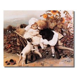 Art Prints Inc Little Boy with Girl on Wheelbarrow The First Kiss W/W Matted Picture Honey Framed