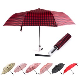 Nollia Windproof Automatic Travel Umbrella, Compact Portable with Reinforced Ribs for Sun & Rain-Red Gingham