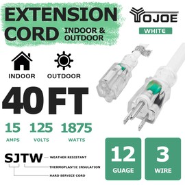 YOJOE 40 Foot White Extension Cord, Lighted Outdoor 12/3 Cord, 12 Gauge 3 Prong SJTW Heavy Duty Extension Cable with 3 Prong Grounded Plug for Safety, UL Listed