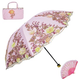 Aikelai Vintage Lace Umbrella with UPF50+ Sun Protection, 3D Flower Chinese Embroidery, Compact Folding Umbrella for Walking, Wedding, Tea Party, Photo Shooting (Pink)
