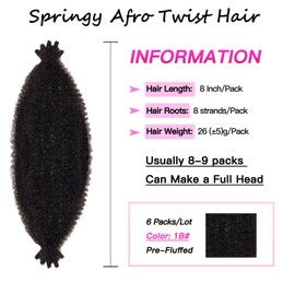 FFDDear 8 Inch Pre-Separated Springy Afro Twist Hair 6 Packs Marley Twist Crochet Braiding Hair Natural Black Spring Twist Hair for Soft Locs Hair Synthetic Hair Extensions for Women(8Inch,1B)