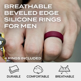 ROQ Men's Silicone Rings, 4-Pack Beveled Edge (Black, Grey, Blue, Bordeaux, Size 16) - Mens Silicone Wedding Band & Rubber Engagement Ring for Men - Breathable Comfort Fit Silicone Rings for Him