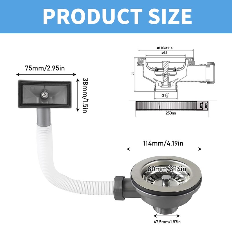 BDHYYM Drain Fitting Sink, 114 mm Siphon Kitchen Sink with