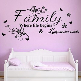 Family Where Life Begins and Love Never Ends Wall Stickers Wall Decor Removable Family Sayings Vinyl Sticker Décor Art Quote Decal Inspirational Christian Biblical for Living Room Bedroom Kitchen