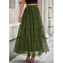 PRETTYGARDEN Maxi Skirts for Women 2025 Fall Tulle High Waisted Ruffle Flowy A-Line Long Skirt Country Concert Outfits (Army Green,Large)