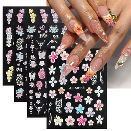 5D Embossed Flowers Nail Stickers, 4 Sheets Self-Adhesive Colorful Summer Floral Nail Decals Hibiscus Rose Butterfly Nail Art Design Manicure Decoration Accessories for Women Girls