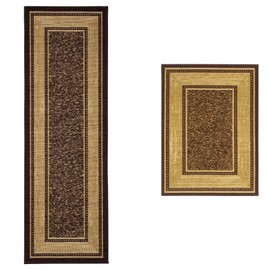 Machine Washable Non-Slip Rubberback Bordered Design 2x5/2x3 2PCS Set Indoor Runner Rug/Area Rug for Hallway, Kitchen, Entryway, Bathroom, 2 Piece Set - 20" x 59" / 2'3" x 3', Brown
