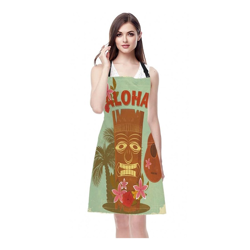 Moslion Hawaiian Tiki Style Apron,Seaside Palm Trees and Beautiful Flowers