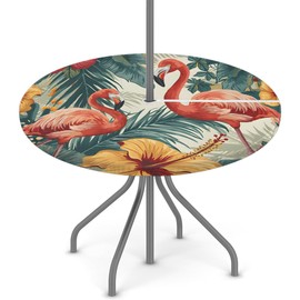 Round Fitted Tablecloth with Umbrella Hole Tropical Flamingo Flower Outdoor Tablecloth Waterproof Umbrella Table Cloth Zippered Tablecloth 36"-44" Round Elastic Table Cover for Patio