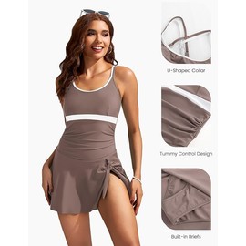 Kate Kasin One Piece Swim Dress for Women U Neck Cross Back Swimsuits Ruched Skirted Swimsuits, coffee