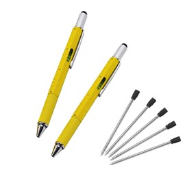 Multifunction Tool Pen, 6 in 1 Tool with Ballpoint Pen, Touch Screen Stylus, Ruler, Spirit Level, Flat-head and Phillips Screwdriver, All-in-One Tech-Tool Pen with Ink Refills (2×Yellow + 5×Refills)