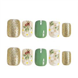 SINHOT Square Press on Nails Short - Daisy Flower & Gold Glitter Squoval Nail Art, DIY Fake Nails with Glossy Glue on Nails, 24Pcs