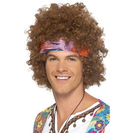Smiffys Hippie Afro Kit, Brown with Wig, Headscarf & Peace Sign Necklace, 1960's Groovy Fancy Dress, Adult Dress Up Wigs