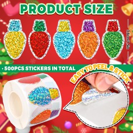 Whaline Christmas Stickers Roll Laser Light Bulb Seal Stickers 5 Colors Xmas Waterproof Self-Adhesive Decals for Envelope Journal Decor Party Supplies, 500Pcs