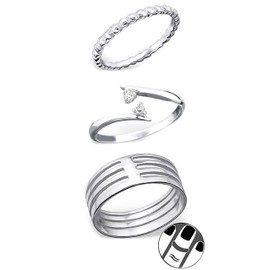 ICYROSE 925 Sterling Silver Set of 3 Textured, Double Crystal, Four Connected Above Knuckle Ring Mid Finger Top