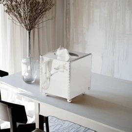 YTTDAY Cube Tissue Box Cover - Silver Plated Premium Metal Square Tissue Rack Luxury Square Tissue Box with Horseshoe Lotus Texture Decoration Suitable for Living Room, Bathroom(Silver)