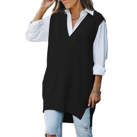 Kisscynest Women's Knitted Sweater Vest Oversized V Neck Loose Sleeveless Pullover Sweater Black S