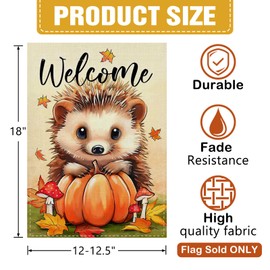 Dyrenson Welcome Fall Hedgehog Pumpkin Decorative Garden Flag, Autumn Thanksgiving Mushroom Yard Outside Home Decoration, Maple Leaves Farmhouse Burlap Outdoor Small Decor Double Sided 12 x 18