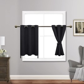 JIUZHEN Short Blackout Curtains with Tiebacks for Kitchen, Light Blocking and Noise Reducing Grommet Small Window Curtains for Bathroom/Bedroom, Set of 2 Panels, 42 x 36 Inch Length, Black
