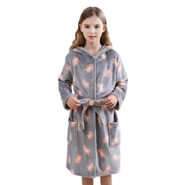 V.&GRIN Girls Robe, Kids Fleece Hooded Soft Plush Fuzzy Bathrobe for 3-14 Years（Gray Cat 9-10）