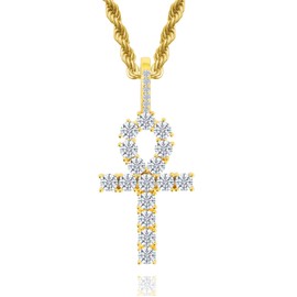 Lulu Mel Cross Necklace Iced Out 14K Gold Plated Cubic Zirconia Ankh Cross Pendant With Rope Chain, Trendy Hip Hop Gothic Diamond Jesus Cross Necklace For Men Women (Ankh Cross Gold)